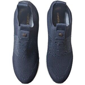 Carvela Janeiro Navy Blue Knit Wedge Sneakers Rhinestone Slip On EU 39 US 8.5